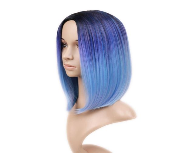 Parrucche sintetiche per capelli per donne nere Ombre Nero Misto Blu Viola Brevi evidenziazioni Parrucca Bob Diritta Resistente al calore Cosplay o Parte7860215