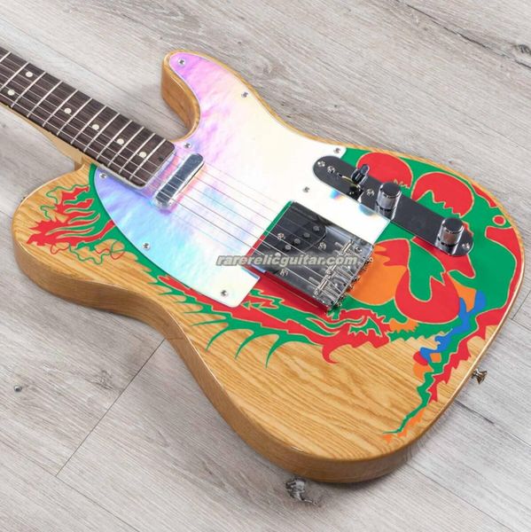 Auf Lager Jimmy Page Dragon Natural Ash E-Gitarre Satinlackierter Eschenkorpus Kundenspezifisches Brechungsmaterial unter klarem Schlagbrett Ahornhals Palisandergriffbrett