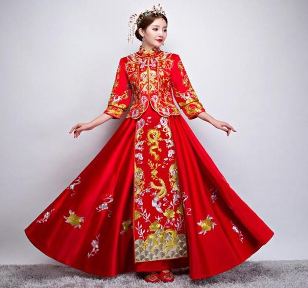 Vestido de casamento chinês tradicional vermelho, nova mulher, longo, cheongsam, qipao, estilo oriental, 2307147, 2019