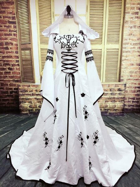 Vintage preto e branco vestido de casamento celta com boné sino mangas compridas bordado rendas medieval vitoriano vestidos de noiva tribunal trem uma linha vestidos de noiva 2024