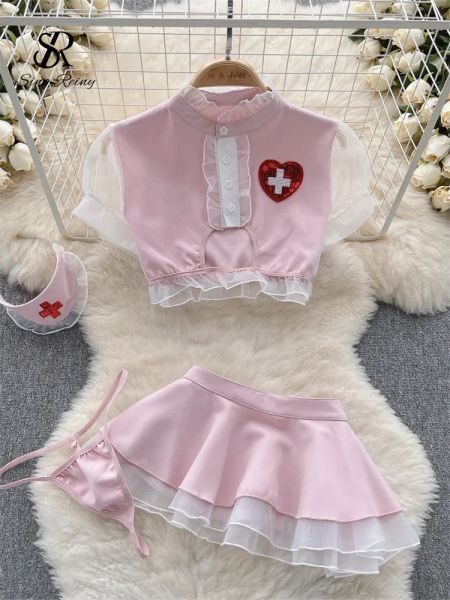 Anzüge SINGREINY Erotische Uniform Sinnliche Sets Gaze Gespleißte Kurze Tops + Falten Miniröcke Frauen Süße Krankenschwester Cosplay Sexy 4 Stück Anzüge