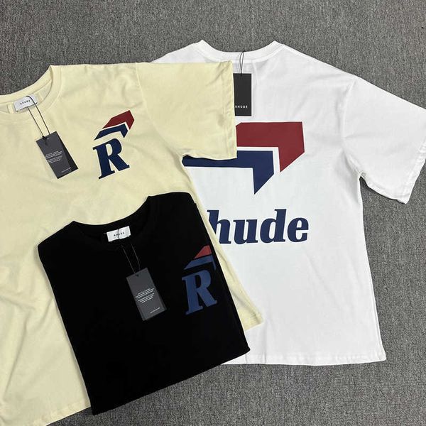 American High Street Trendy Brand Rhude Simple Pen Arrow Letter Print Casual Solto Camiseta de manga curta para homens e mulheres