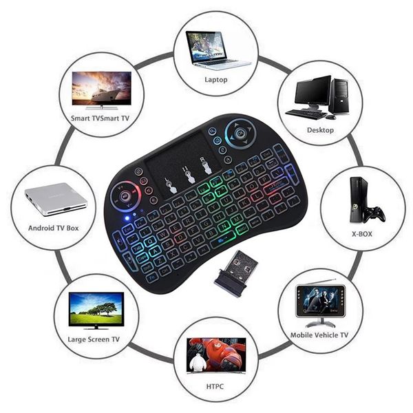 1 PC Mini I8 Teclado sem fio retroiluminado 2,4 GHz Air Mouse Touchpad Bateria de lítio recarregável portátil para media player Android TV BOX Acessórios