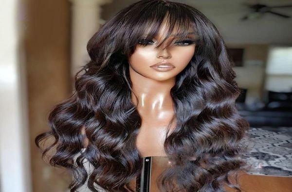 Peruca dianteira do laço peruano remy peruca de franja completa cabelo humano sem cola peruca de seda superior com franja nós descorados para preto women1197452