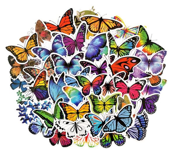 Pacote de 50 peças de adesivos de borboleta coloridos inteiros, meninos, meninas, coleção de adesivos, guitarra, laptop, skate, garrafa de motor, decalque de carro B4394353