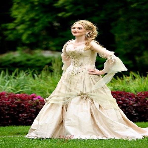 Abiti da sposa gotici vintage in oro Abiti da sposa Corsetto da principessa Manica lunga Abito da sposa da giardino di campagna Celtico rinascimentale Cosplay260z