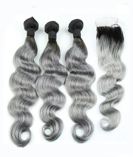 Tessuto per capelli grigi peruviani di grado 8A con chiusura Body Wave Ombre bicolore 1b Fasci di capelli umani Ombre grigio argento e chiusure in pizzo5187250