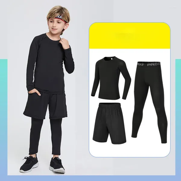 Laufsets Sportbekleidung für Kinder Jungen Teenager Schwarz Kompression Langarm Top Leggings mit Shorts 3 Stück Anzüge Fitness Training