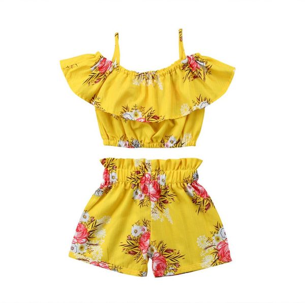 Одежда для маленьких девочек, желтые топы с рюшами и бретелями с цветочным принтом, жилет, шорты, низ, летние наряды, комплект пляжной одежды3373266