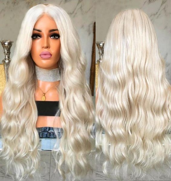 Yüksek Sıcaklık Saç Uzun Vücut Dalga Platin Sarışın Peruk Orta Parçası Sentetik Dantel Ön Peruk Beyaz Kadınlar Glueless Wigs4257184