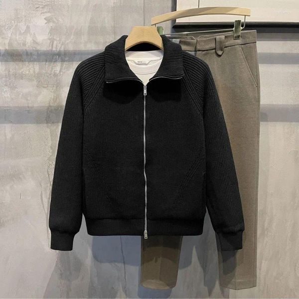 Suéteres masculinos homem roupas preto jaqueta de colarinho cardigan de malha para homens zíper casaco zip-up grande tamanho velho estilo coreano overfit s