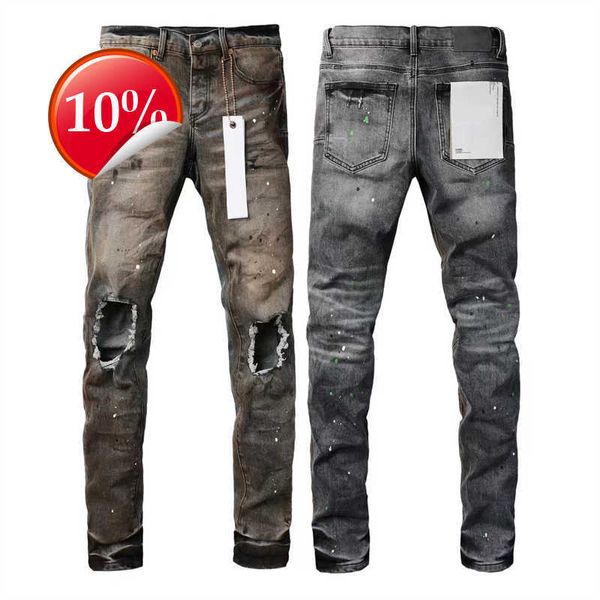 Designer dobrar jeans europeu roxo jeans masculino bordado buracos acolchoados para marca de tendência calças vintage dos homens dobrar magro fashio o