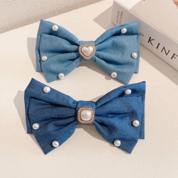 Saç klipsleri kot kot pruva mavi mücevherler inci ip Kore tarzı bowknot rhinestone kalp barrettes