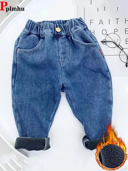 Pelúcia forrada meninos harem jeans inverno engrossar crianças vaqueros mais veludo quente denim calças baggy elástico cintura alta jean pantalones 240228