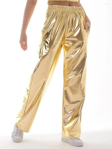 Damenhose Damen Shiny Metallic Jogger Hohe Taille Dehnbare holografische Hose 70er 80er Disco Sweatpant Hip Hop Club Wear