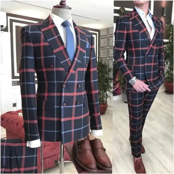 Ternos novos em xadrez terno masculino vermelho azul linha magro ajuste jaqueta calças duplo breasted blazer calças roupas de casamento festa wear outfit