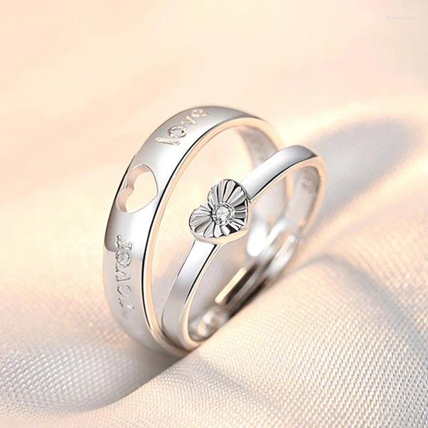 Anéis de casamento 2 Pçs/set Ajustável Carta em Forma de Coração Banhado A Prata Cristal Anel de Casal Para Homens Mulheres Zircão Jóias de Noivado