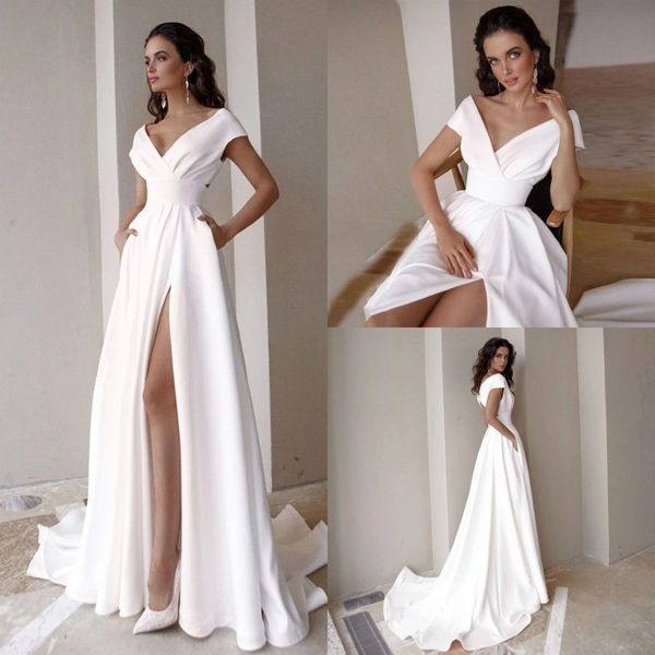 Boho jardim uma linha vestidos de casamento simples cetim fora do ombro sexy alta divisão praia modestos vestidos de noiva trem varredura vestidos de nov3093