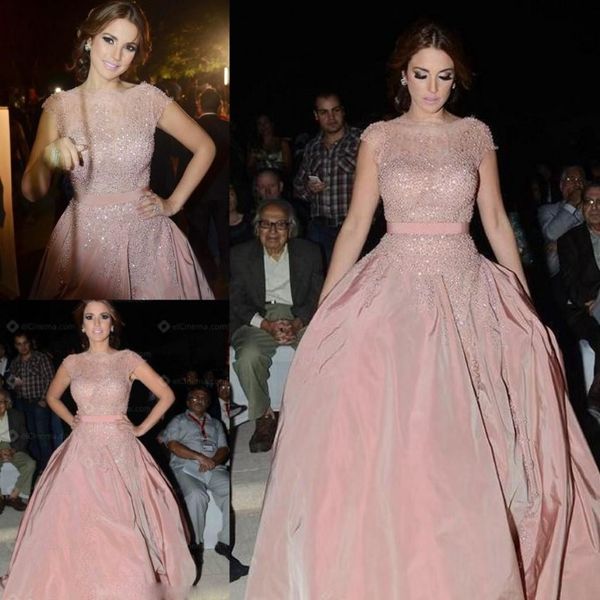 Blush rosa manga boné bateau pescoço vestidos de baile babados a linha rendas cetim pérolas frisado vestidos de luxo roupa de noite 2016 elie saab 285r