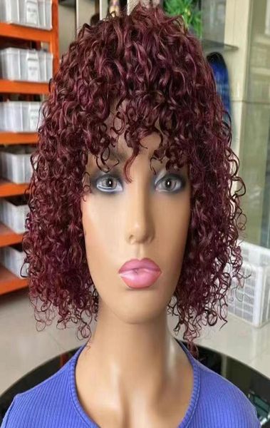 Brasileiro remy jerry encaracolado perucas de cabelo humano com franja 150 completa máquina feita peruca curta 99j cor natural para women3984480