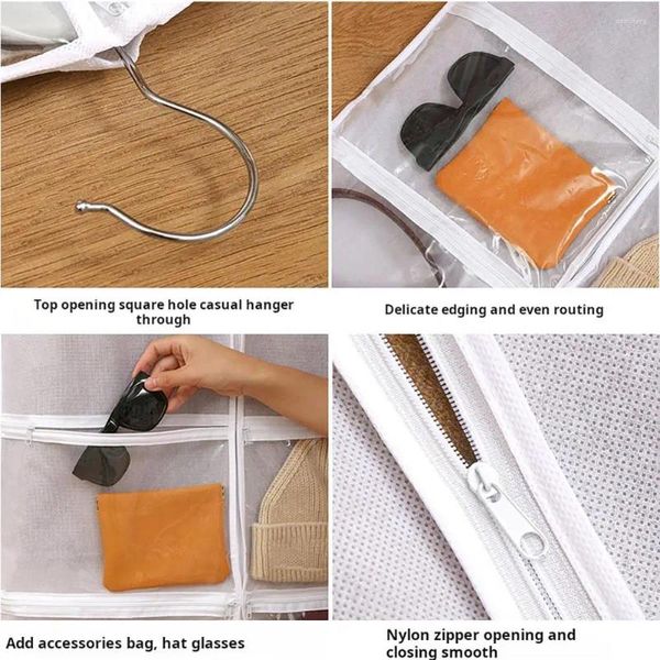 Caixas de armazenamento transparente guarda-roupa capa pendurado saco com vários bolsos para roupas chapéus cachecóis fecho de zíper