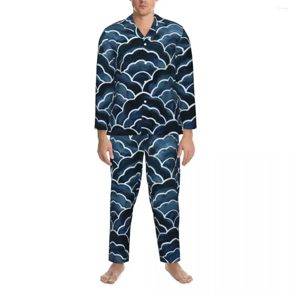 Herren-Nachtwäsche, Pyjama-Set, Blau, Seigaiha, Schlafzimmer-Nachtwäsche, traditionelles japanisches Design, 2-teilig, lockeres Pyjama-Set, Langarm, Übergröße, Zuhause