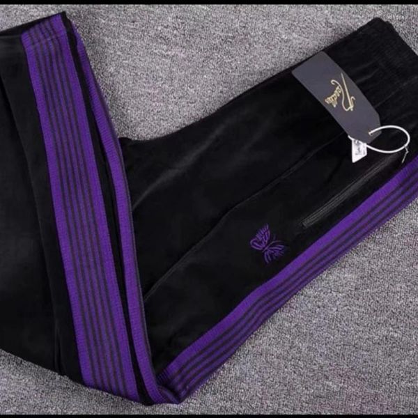 Calças masculinas agulhas borboleta bordado vintage veludo roxo listrado high street sportswear perna reta calças homens mulheres