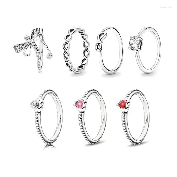Cluster-Ringe aus 925er-Sterlingsilber, Libelle, einfaches Unendlichkeitsband, funkelnder Solitär-Rosa-Herzring für Frauen, Schmuck, Valentinstagsgeschenk