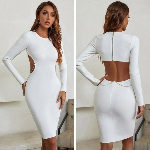 Vestidos casuais branco corte corrente projetado manga longa bodycon bandage vestido mulheres elegante celebridade noite festa vestidos atacado