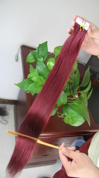 Nastro nelle estensioni dei capelli umani 40 pezzi 99J vino rosso 100G da 10 a 26 pollici capelli Remy realizzati a macchina su nastro adesivo trama della pelle PU Invisib6027095