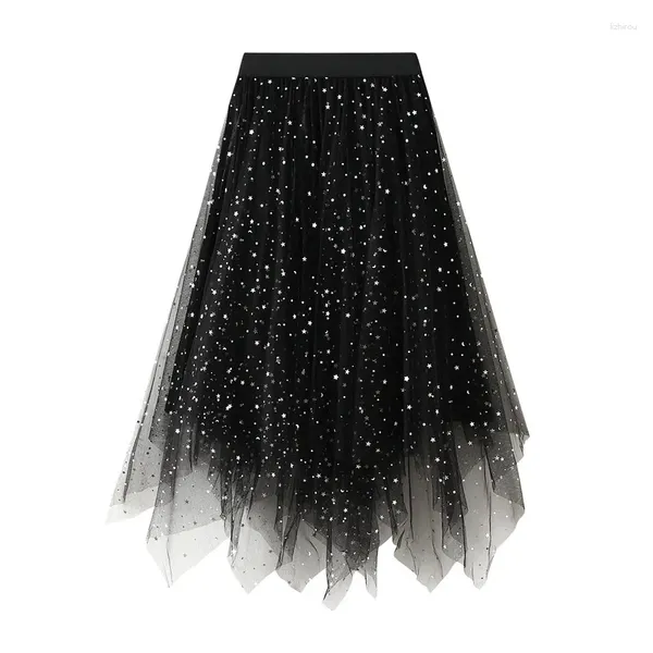 Gonne Donna Irregolare Glitter Paillettes Stelle Gonna in tulle Casual Stella lucida Paillettes Elastico Maglia trasparente Principessa per streetwear