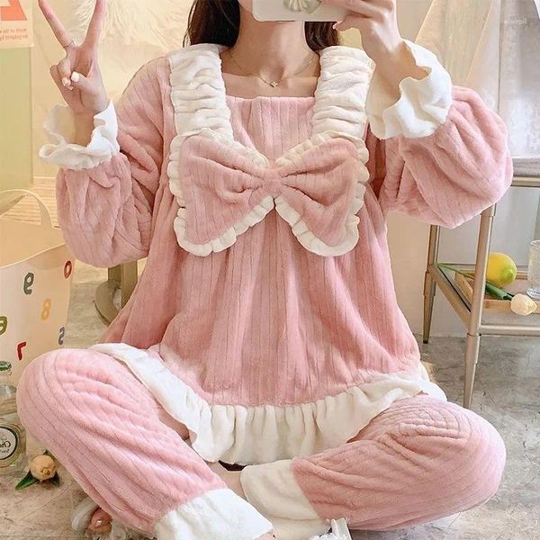 Kadın pijama 2024 Kadın Pijama Sonbahar Kış Longe Giyim Flannel Tatlı Karikatür Prenses Stil Ev Giyim Mercan Polar Kalın Sıcak Nighty