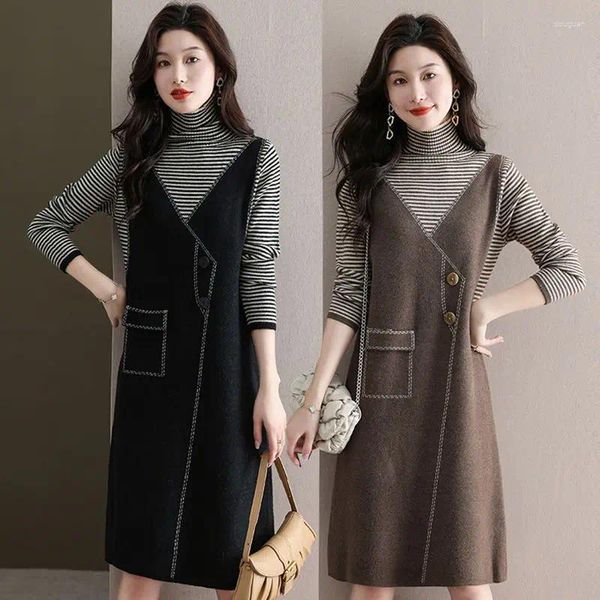 Casual Kleider Frauen Oversize Strickkleid 2024 Herbst Winter Kleidung Mode Elegant Gestreiften Patchwork Weibliche A-Line Knielangen Pullover