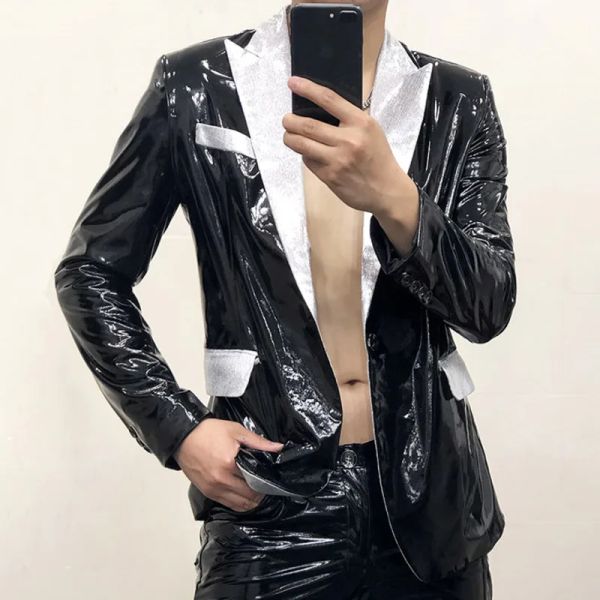 Костюмы высокого качества, черные зеркальные глянцевые кожаные серебряные лоскутные пиджаки 2023, мужские оверсайз-топы для выступлений в ночном клубе на заказ