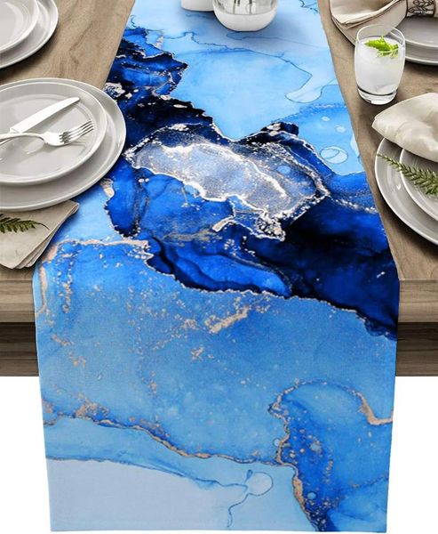 Masa bezi mavi mermer doku ısıya dayanıklı keten koşucusu yıkanabilir şifoniyer fular dekor mutfak tatil partisi yemek odası