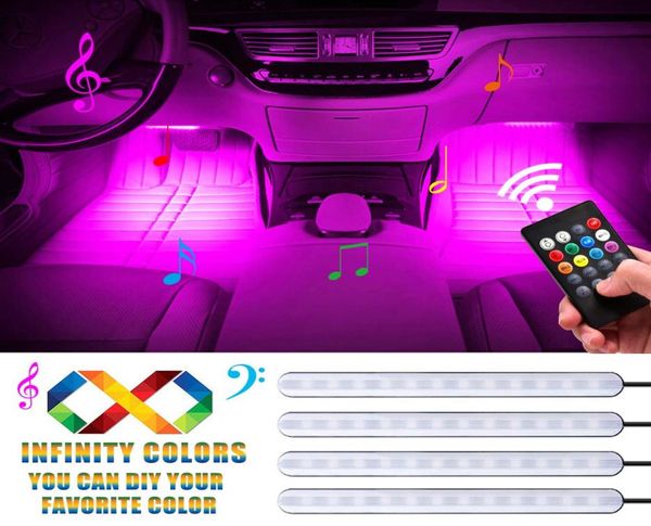 Auto-LED-Streifenlicht, 4 Stück, 48 LEDs, mehrfarbig, Auto-Innenbeleuchtung mit Sound-Aktiv-Funktion, kabellose Fernbedienung, Auto-Ladegerät20197198960