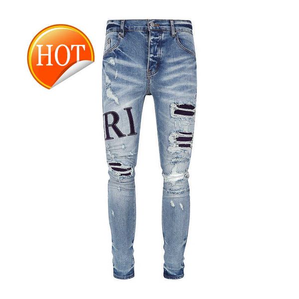 Designer Stack Jeans Europäische Lila Jean Männer Stickerei Quilten Zerrissene für Trend Marke Vintage Hose Herren Falten Slim Skinny Fashion747 KK