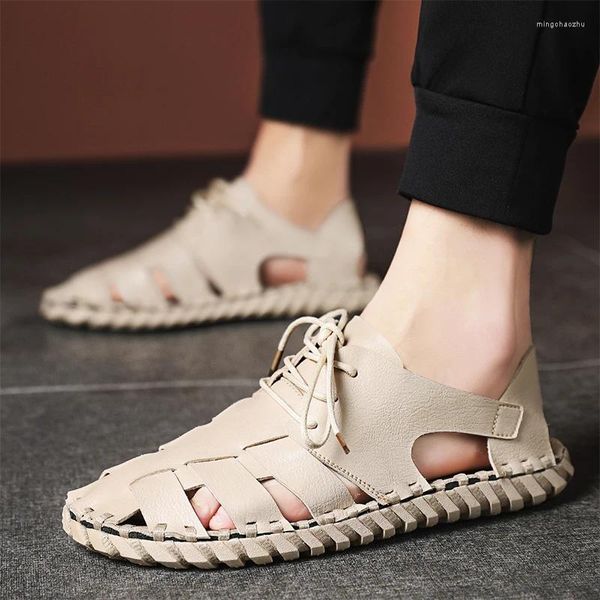 Sandalen Casual Fashion Herren Schuhe Slip-On Leder Weiche rutschfeste Strand Sommer Doppelschnalle Hausschuhe Flats Flip Flop Walking