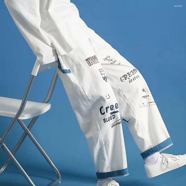 Calças masculinas homens carga carta impressão cordão múltiplos bolsos retos meados de ascensão streetwear solto hip hop calças roupas