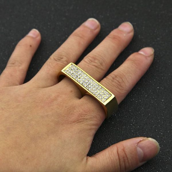 Hip Hop Strass Zwei-Finger-Ring für Herren, geometrisch, glänzend vergoldet, Edelstahl, einfache Ringe, Modeschmuck, 200 Jahre