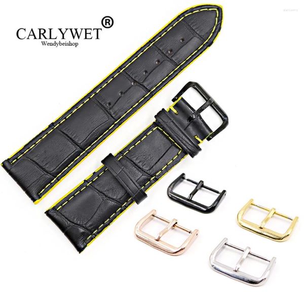 Cinturini per orologi CARLYWET 18 20 22mm Nero Vera Pelle Fatta a mano Cuciture gialle Sostituzione cinturino con fibbia lucida color argento