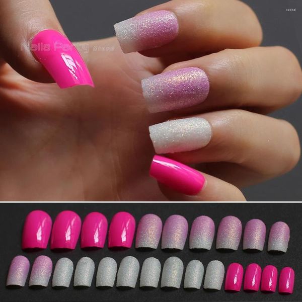 Unhas Falsas Rosa Gradiente Flash Longo Cabeça Quadrada Design Rosa Vermelho 24 Pcs Marfim Branco Falso Arte Dupla Face Seleção de Etiqueta