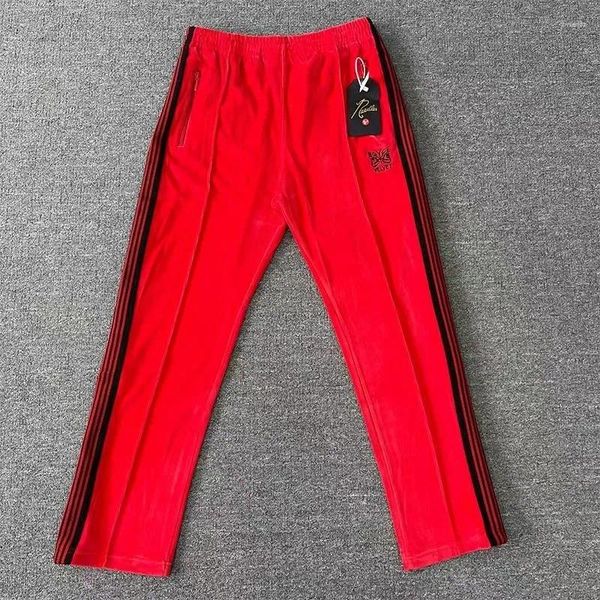 Calças masculinas vermelho com listras de borda preta agulhas sweatpants borboleta bordado calças de rua alta sino-bottoms homens mulheres casuais