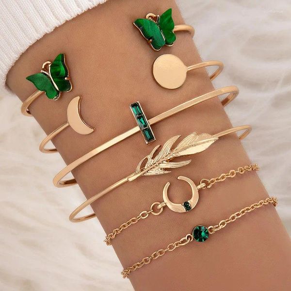 Link pulseiras 6/pcs vintage tijolo incrustado dupla borboleta pena pulseira para feminino geométrico luz verde ot lua aberto conjunto