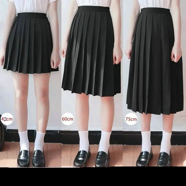 Japonês estudante meninas saia uniforme escolar terno de cor sólida plissado shortmiddlelong vestido de cintura alta elástica 240226