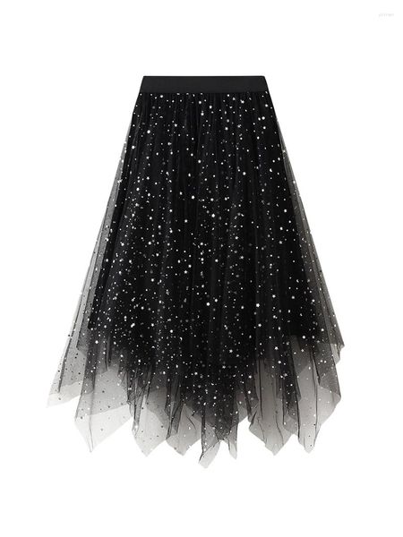 Saias Mulheres Irregular Tulle Tutu Saia Casual Brilhante Estrela Lantejoula Malha Elástica Princesa para Streetwear