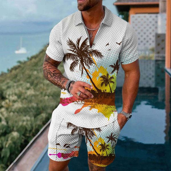 Conjunto polo masculino havaiano, camisa com lapela e zíper, calças curtas, 2 peças, roupas de praia de verão, coqueiro, estampa 3D, terno casual de grandes dimensões