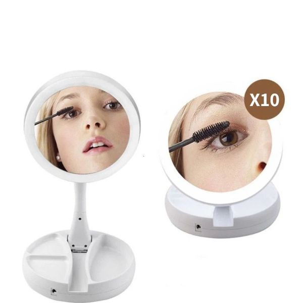 Specchio pieghevole per trucco con ricarica USB o batteria LED Specchio cosmetico per trucco bianco con luce Specchi da tavolo con ingrandimento 10X 240219