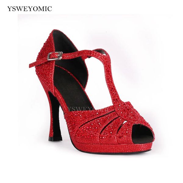 Red Glitter Zapatos De Baile Strass Piattaforma Latino Scarpe da ballo in raso Tacchi alti Personalizzati Salsa Ballroom Latin Shoes 240304