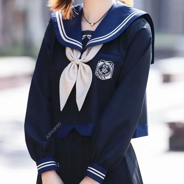 Stile giapponese coreano SXL Studente Uniforme scolastica per ragazze Abbigliamento blu scuro Femminile JK Abito da marinaio Camicia a pieghe Gonna Cosplay 240301